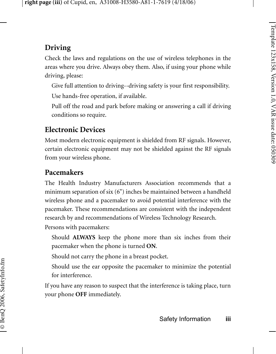 Driving, Electronic devices, Pacemakers | BenQ-Siemens CL71 User Manual | Page 8 / 114