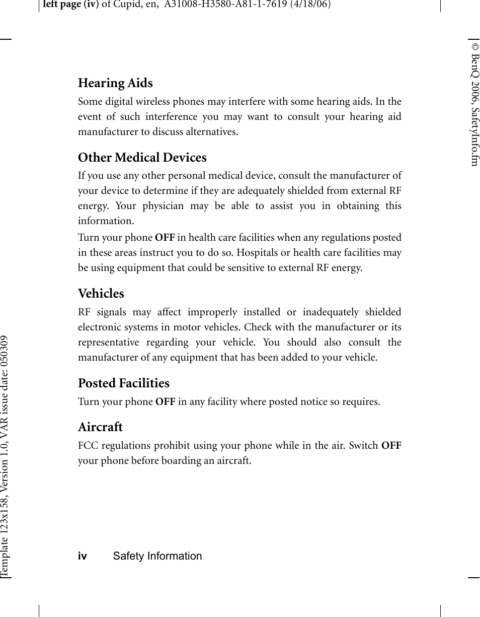 Hearing aids, Other medical devices, Vehicles | Posted facilities, Aircraft | BenQ-Siemens CL71 User Manual | Page 9 / 114