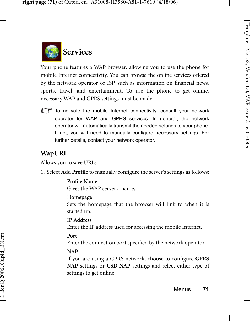 Services, Wapurl | BenQ-Siemens CL71 User Manual | Page 90 / 114