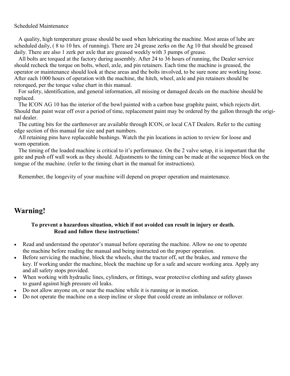 Warning | Landoll ICON AG-10 User Manual | Page 3 / 39