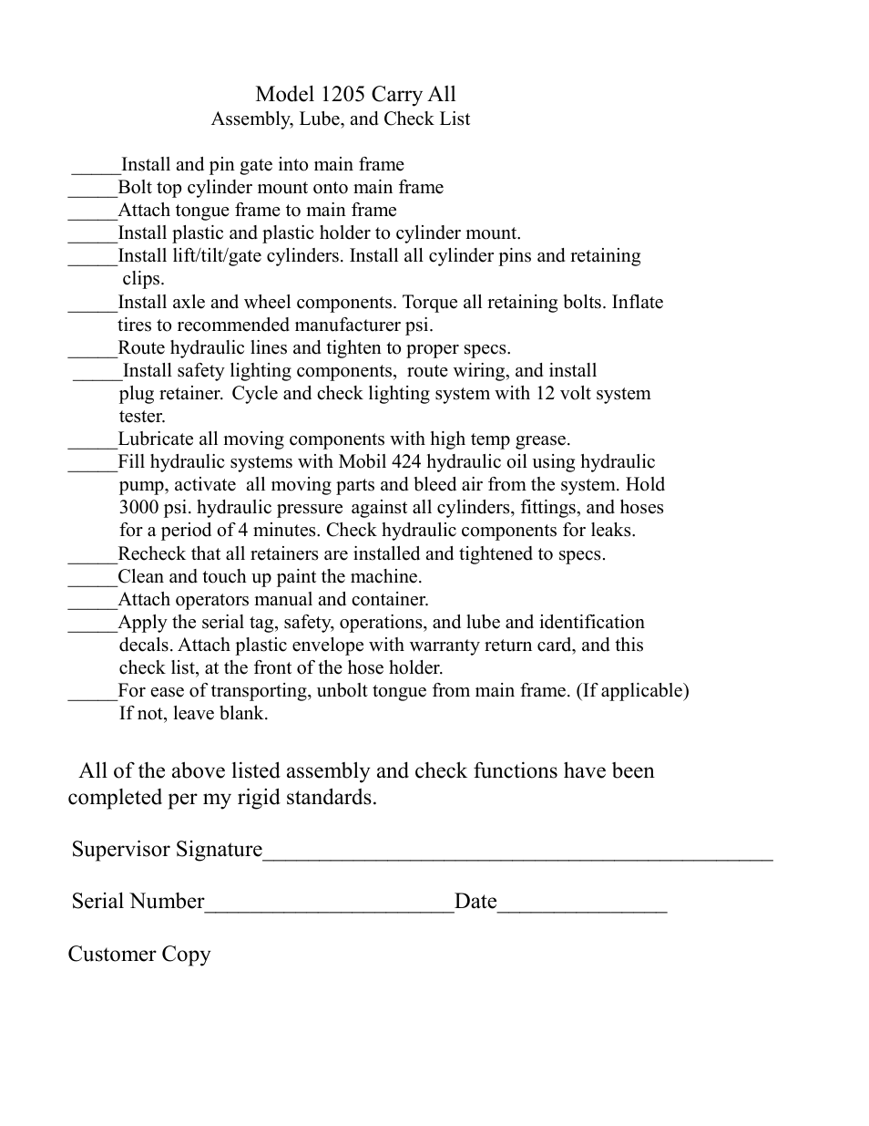 Model 1205 carry all, Supervisor signature | Landoll ICON 1205 User Manual | Page 34 / 34