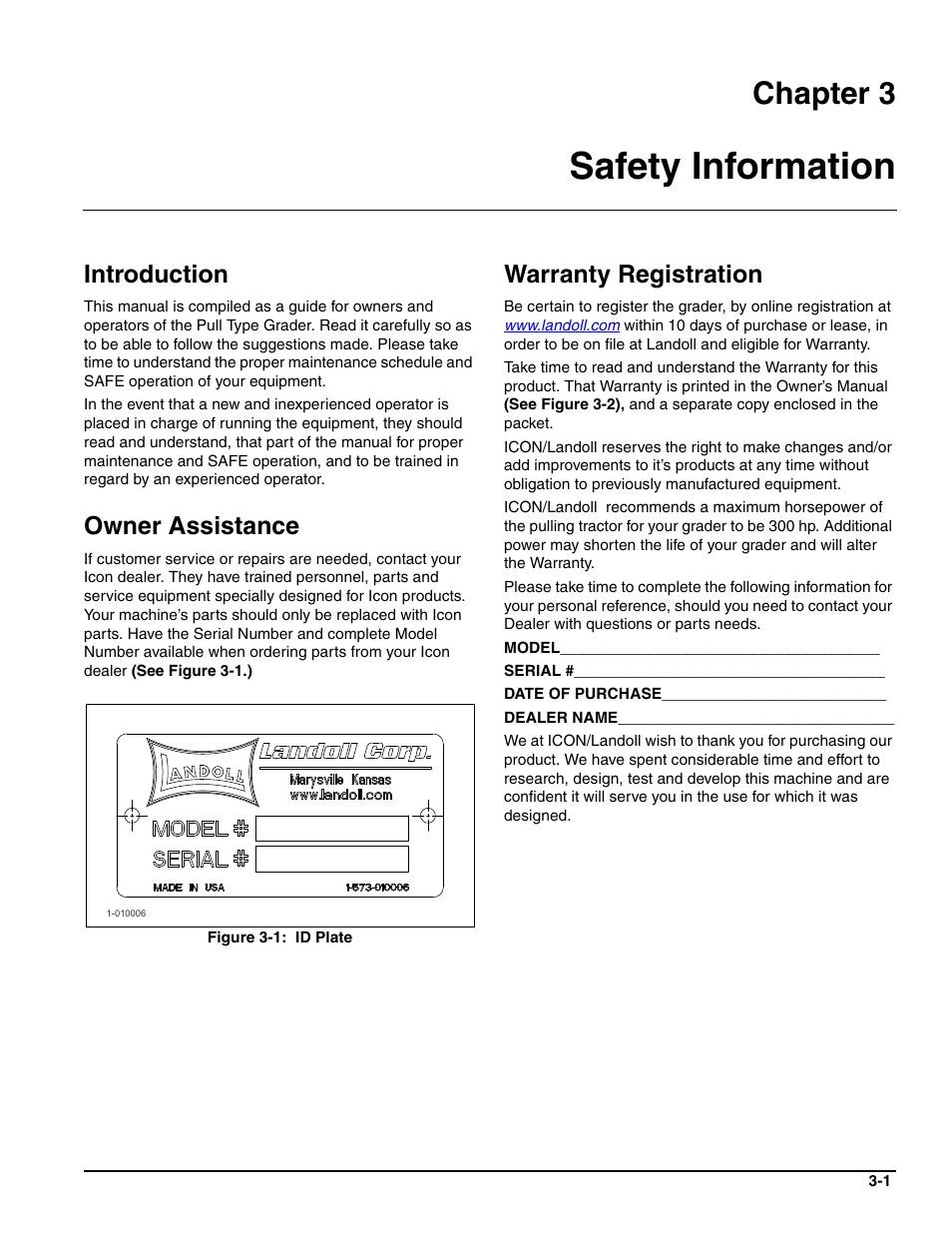 Safety information, Introduction, Owner assistance | Figure 3-1: id plate, Warranty registration, Chapter 3 | Landoll ICON 1632RS Grader User Manual | Page 11 / 64