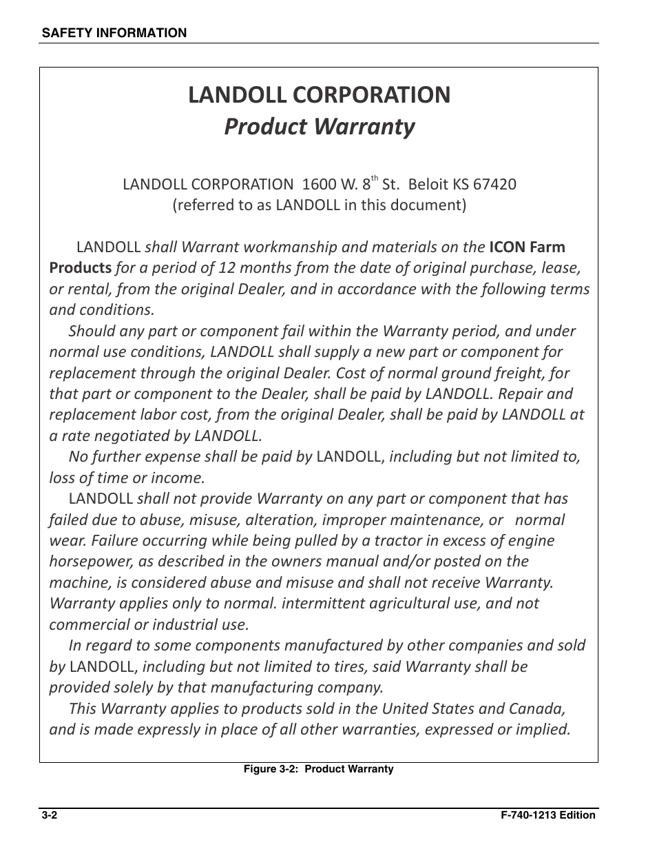 Figure 3-2: product warranty, Landoll corporation, Product warranty | Landoll ICON 1632RS Grader User Manual | Page 12 / 64