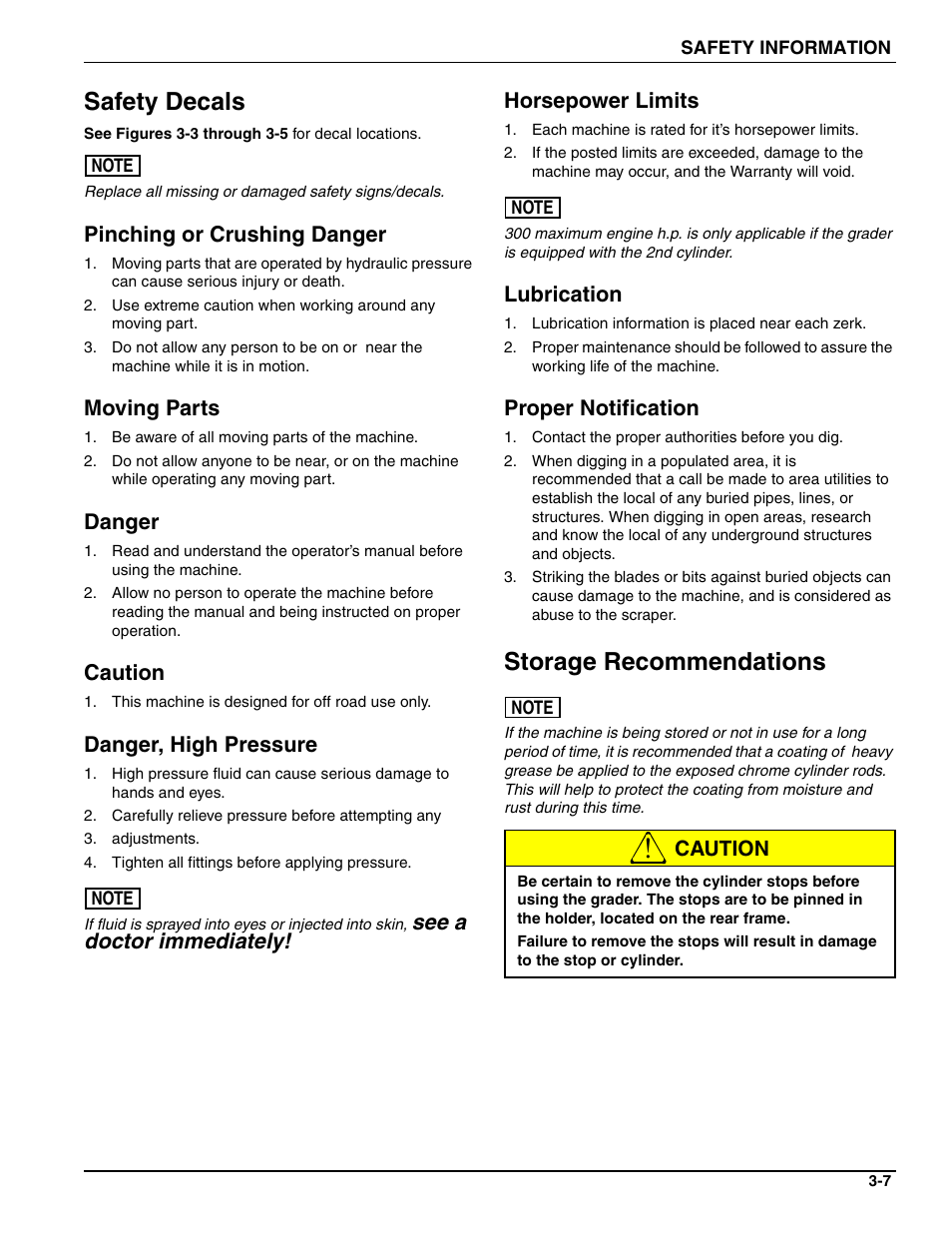 Safety decals, Pinching or crushing danger, Moving parts | Danger, Caution, Danger, high pressure, Horsepower limits, Lubrication, Proper notification, Storage recommendations | Landoll ICON 1632RS Grader User Manual | Page 17 / 64