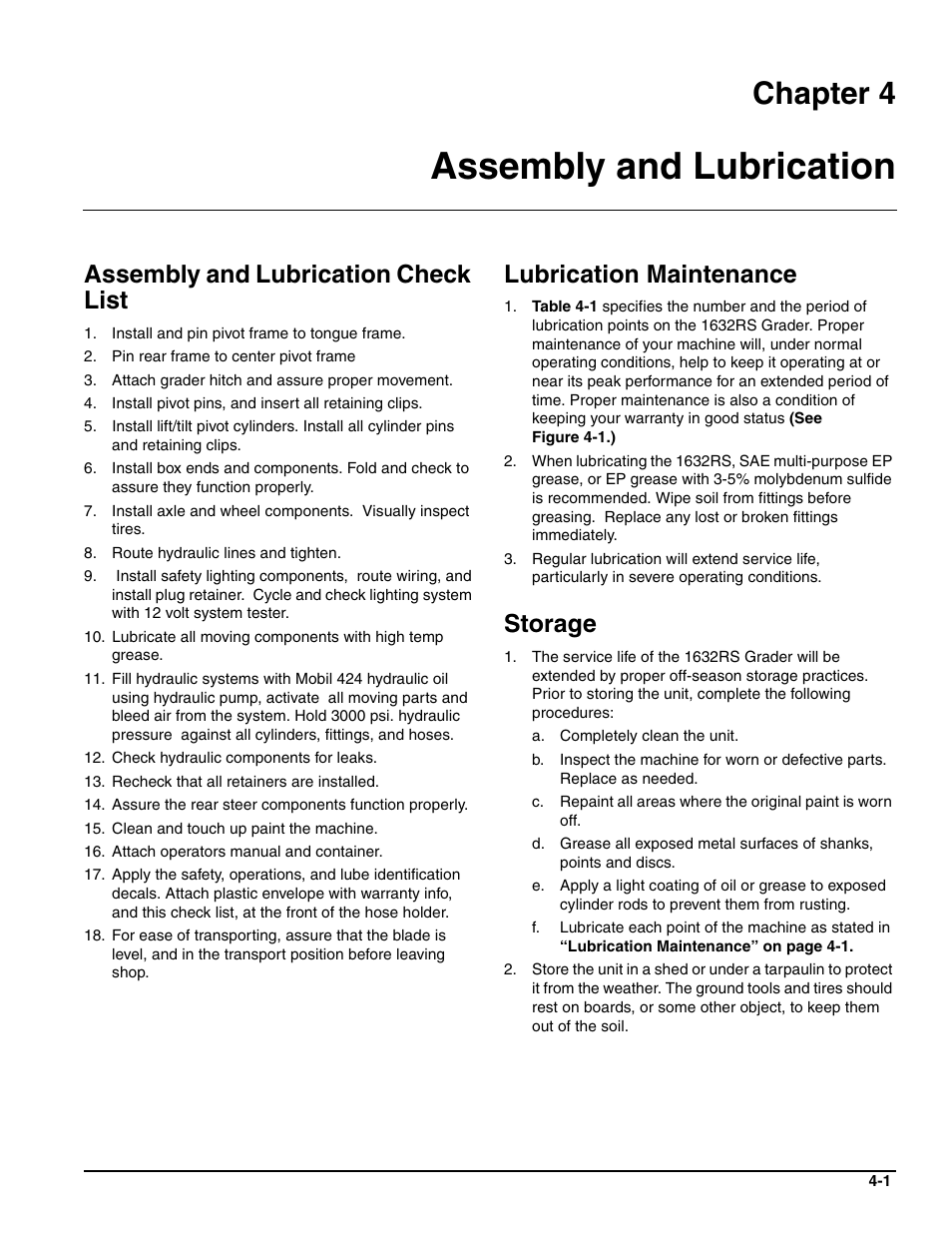 Assembly and lubrication, Assembly and lubrication check list, Lubrication maintenance | Storage, Chapter 4 | Landoll ICON 1632RS Grader User Manual | Page 19 / 64
