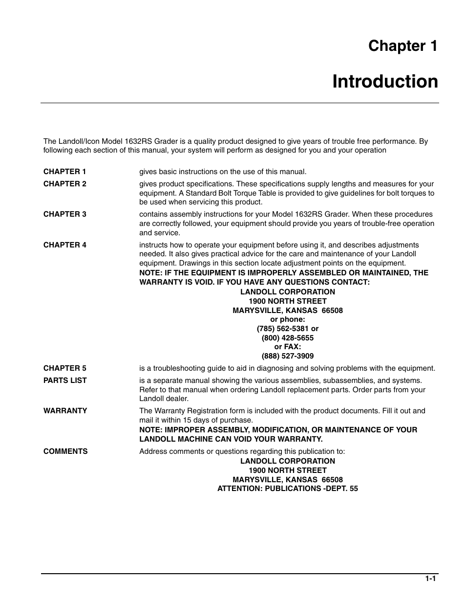 Introduction, Chapter 1 | Landoll ICON 1632RS Grader User Manual | Page 5 / 64