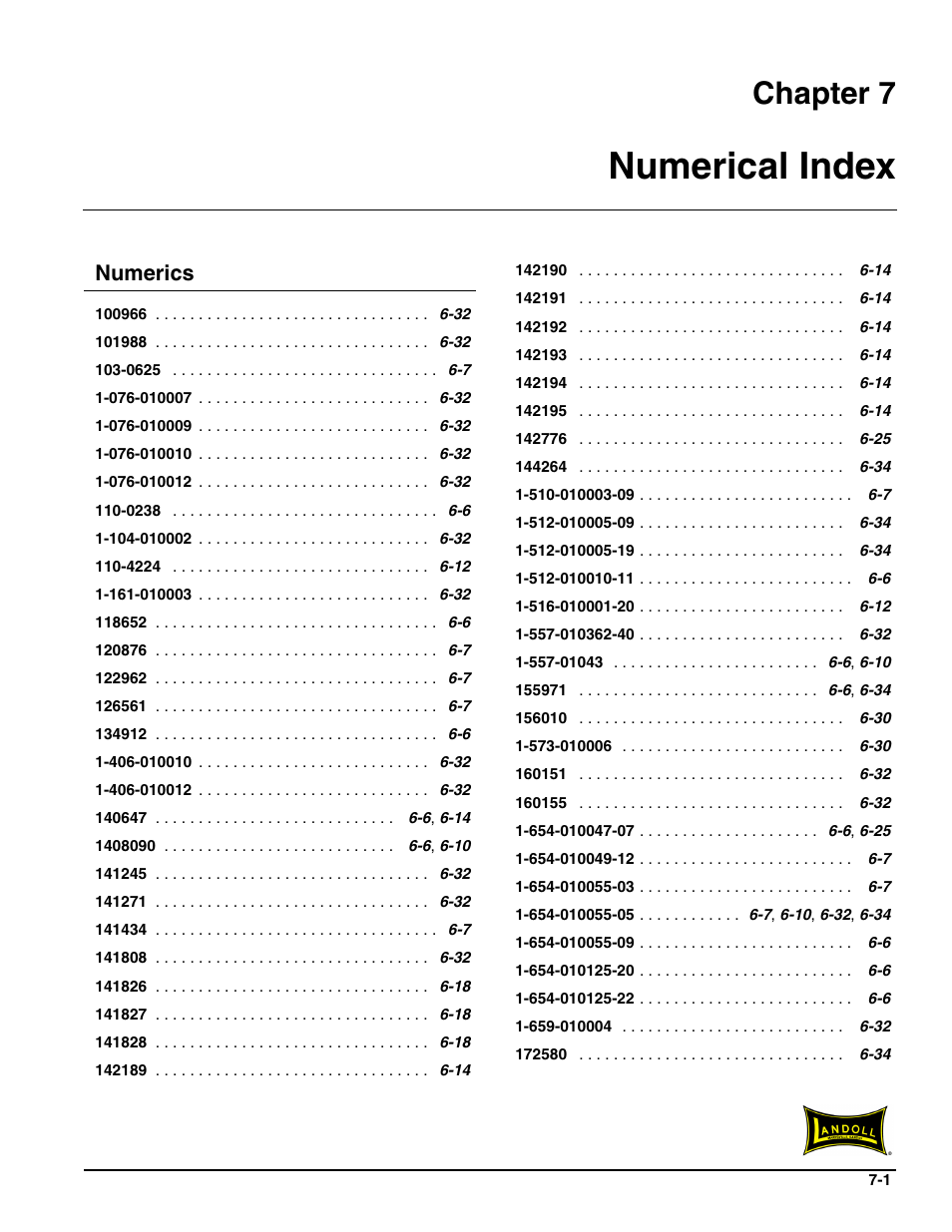 Numerical index, Chapter 7, Numerics | Landoll ICON 1632RS Grader User Manual | Page 59 / 64