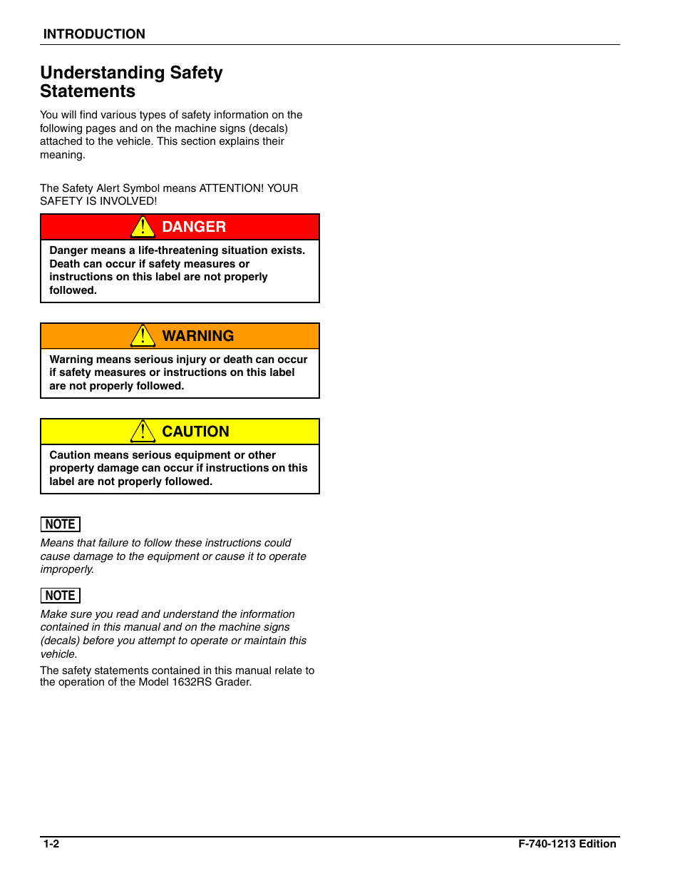 Understanding safety statements | Landoll ICON 1632RS Grader User Manual | Page 6 / 64