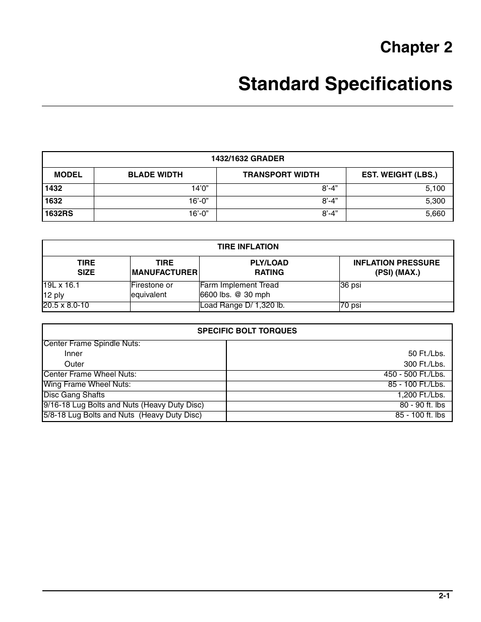 Standard specifications, Chapter 2 | Landoll ICON 1632RS Grader User Manual | Page 7 / 64