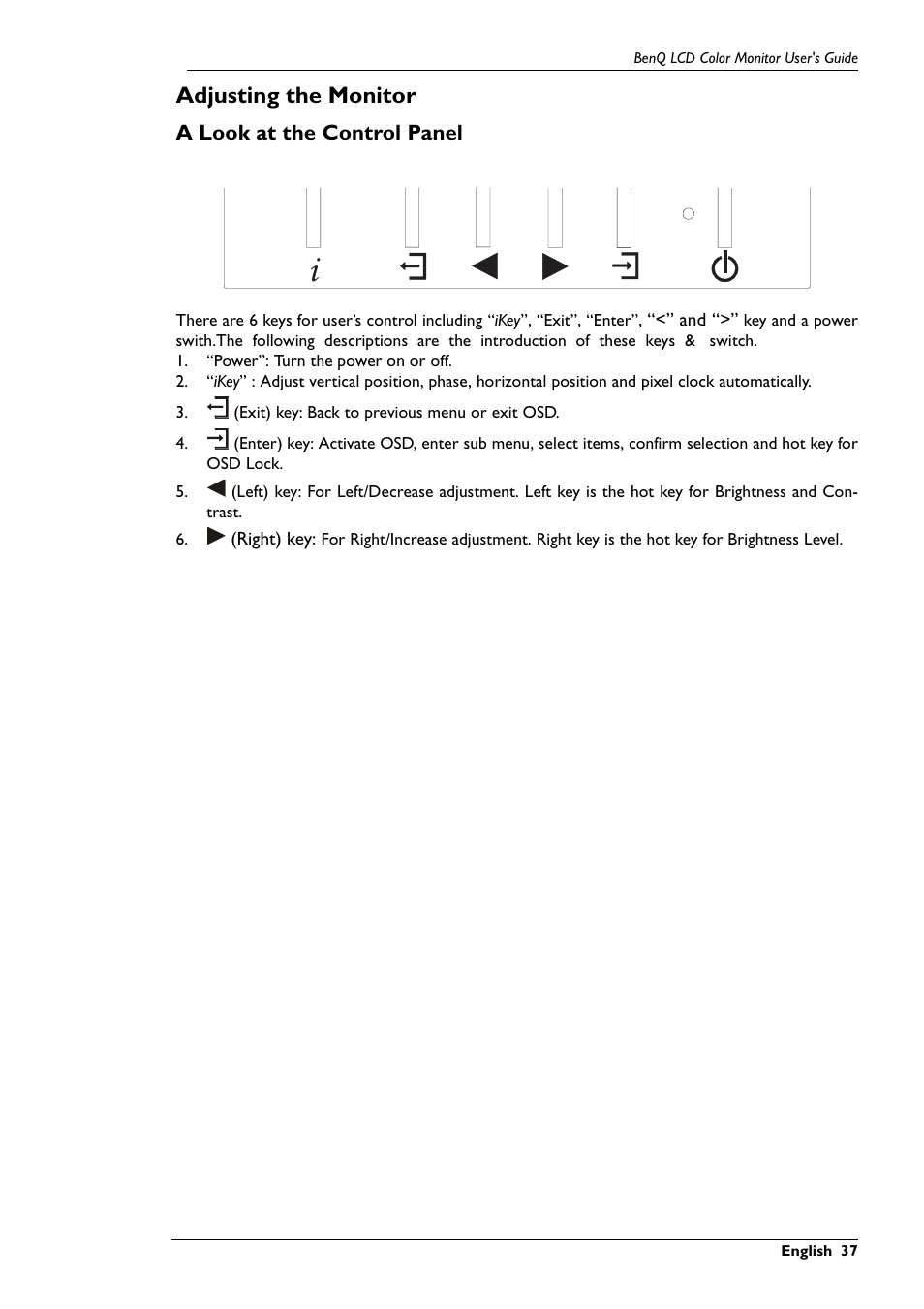 Adjusting the monitor, A look at the control panel | BenQ FP591 User Manual | Page 38 / 53