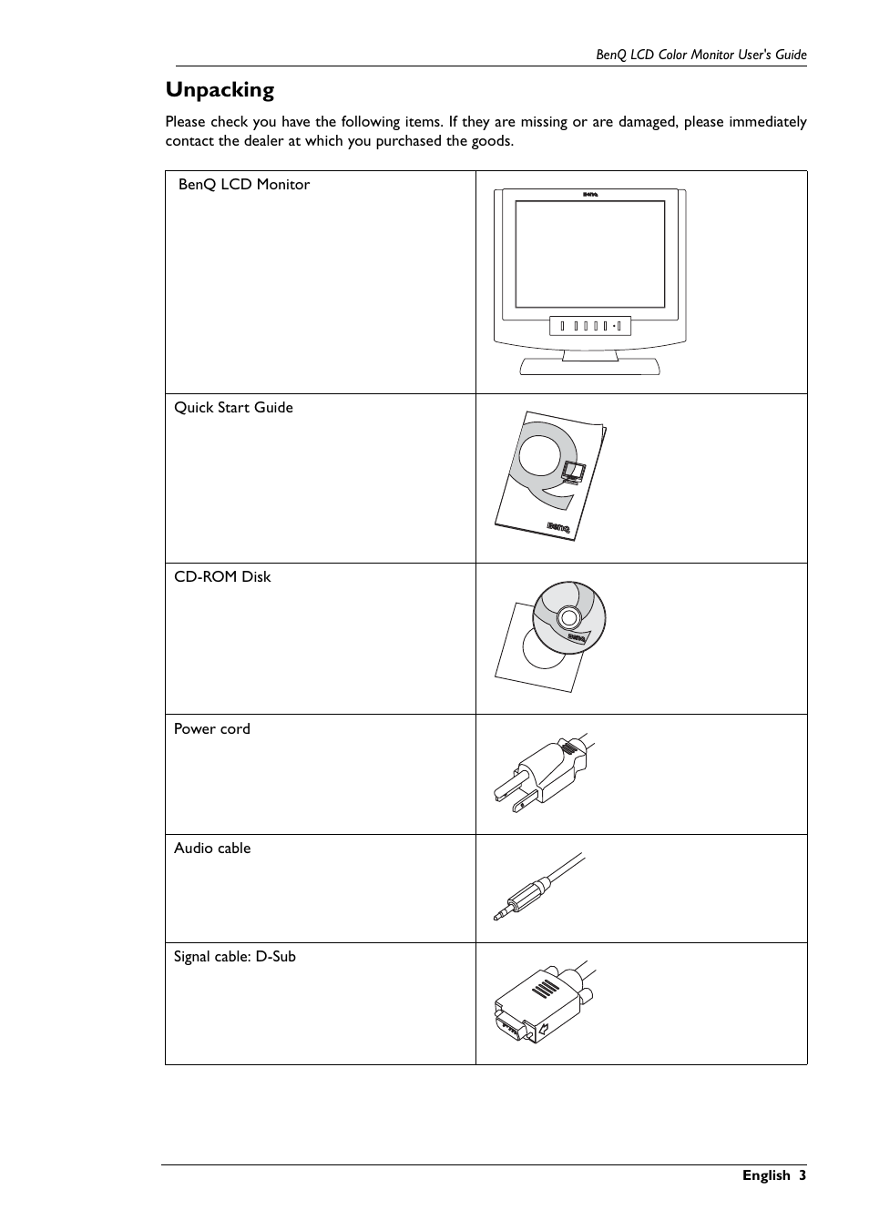 Unpacking | BenQ FP591 User Manual | Page 4 / 53