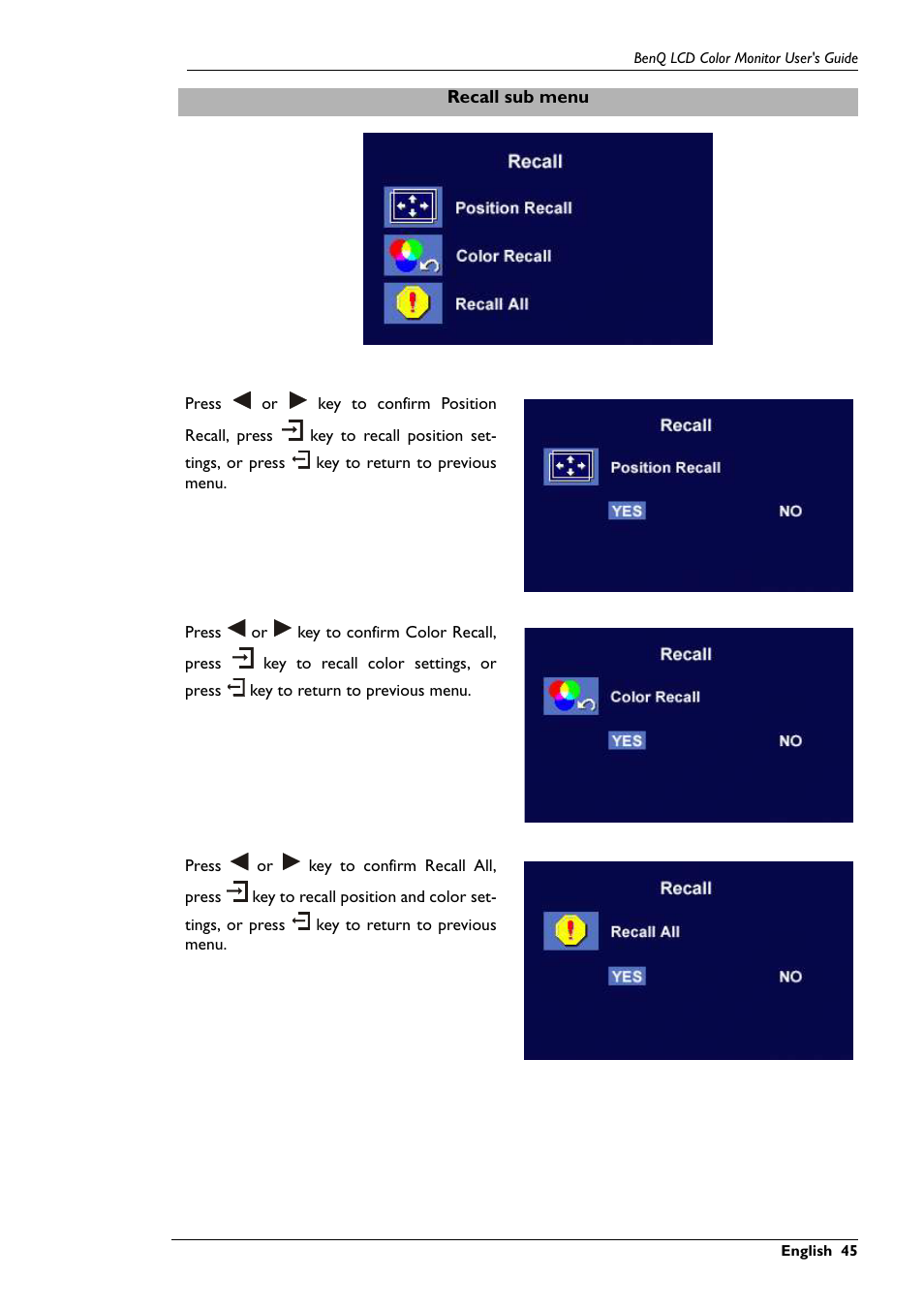 Recall sub menu | BenQ FP591 User Manual | Page 46 / 53