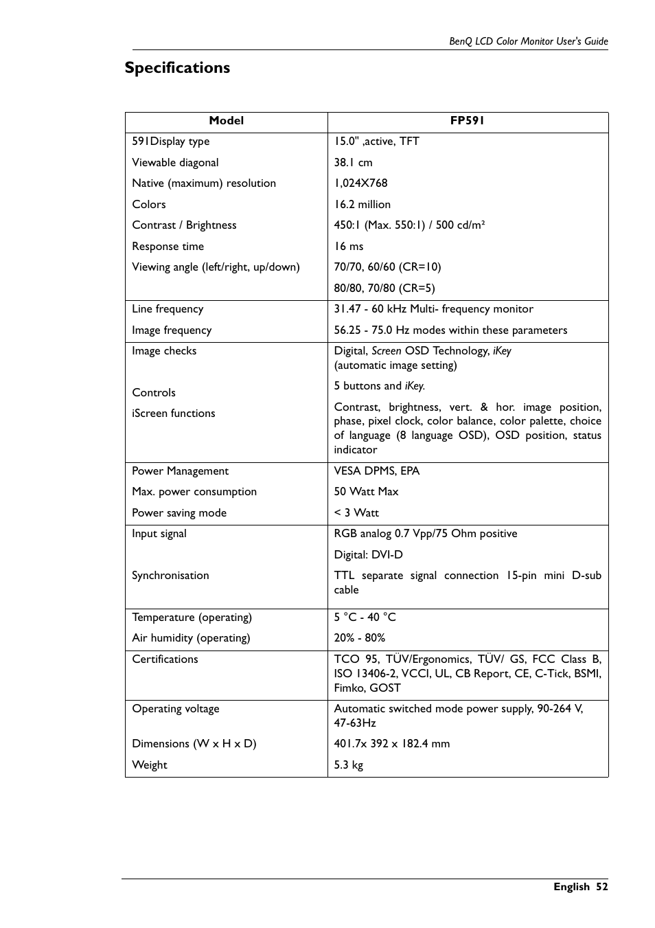 Specifications | BenQ FP591 User Manual | Page 53 / 53