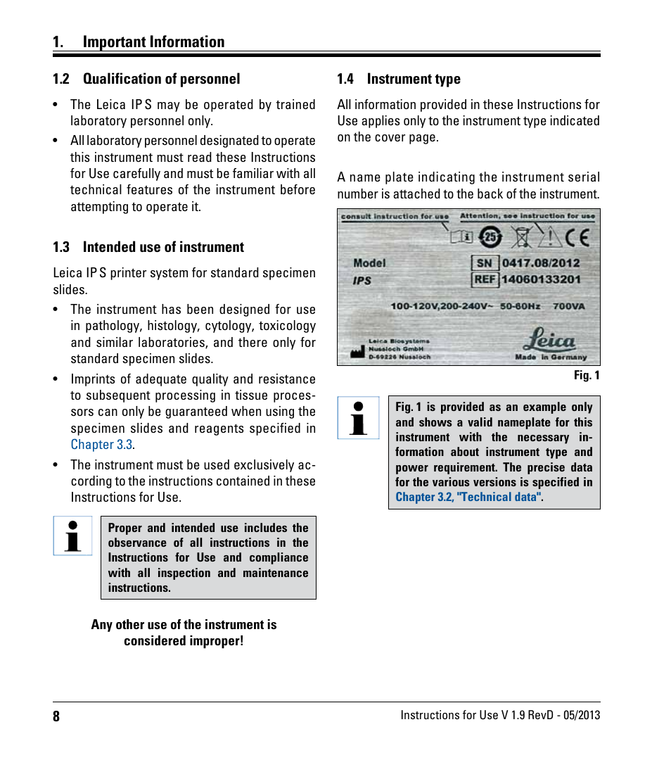 2 qualification of personnel, 3 intended use of instrument, 4 instrument type | Qualification of personnel, Intended use of instrument, Instrument type, Important information | Leica Biosystems IPS User Manual | Page 10 / 70