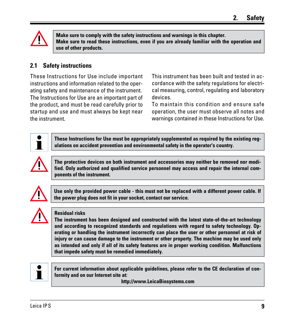 Safety, 1 safety instructions, Safety instructions | Leica Biosystems IPS User Manual | Page 11 / 70