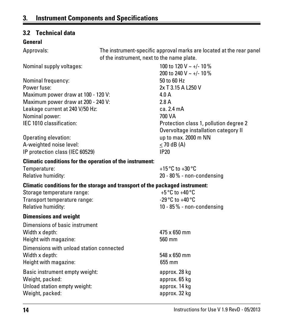 2 technical data, Technical data, Instrument components and specifications | Leica Biosystems IPS User Manual | Page 16 / 70