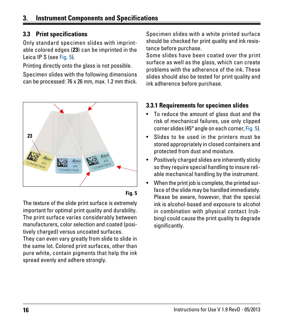 3 print specifications, 1 requirements for specimen slides, Print specifications | Instrument components and specifications | Leica Biosystems IPS User Manual | Page 18 / 70