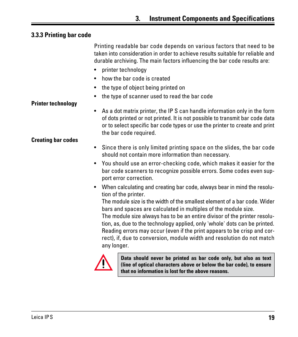3 printing bar code, Instrument components and specifications | Leica Biosystems IPS User Manual | Page 21 / 70