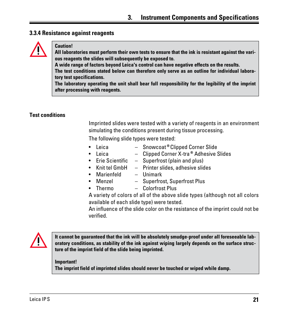 4 resistance against reagents, Instrument components and specifications | Leica Biosystems IPS User Manual | Page 23 / 70