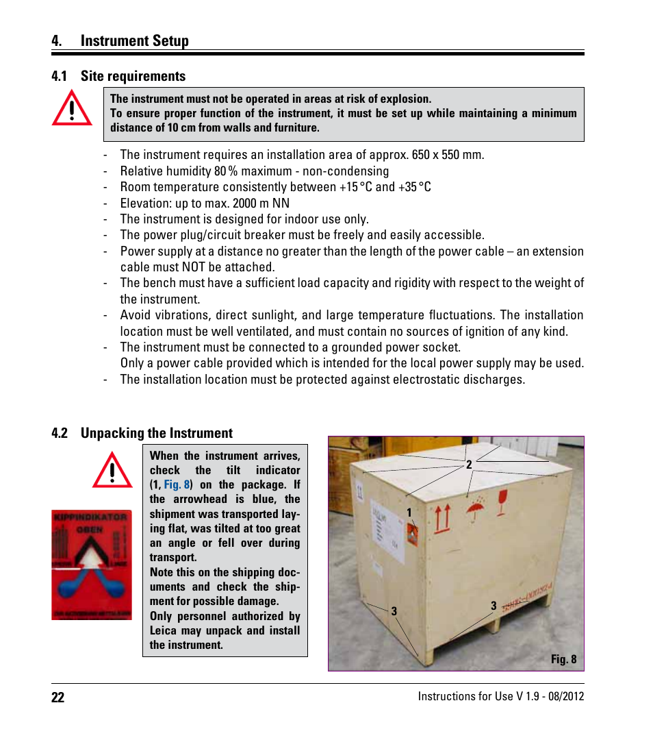 Instrument setup, 1 site requirements, 2 unpacking the instrument | Site requirements, Unpacking the instrument | Leica Biosystems IPS User Manual | Page 24 / 70