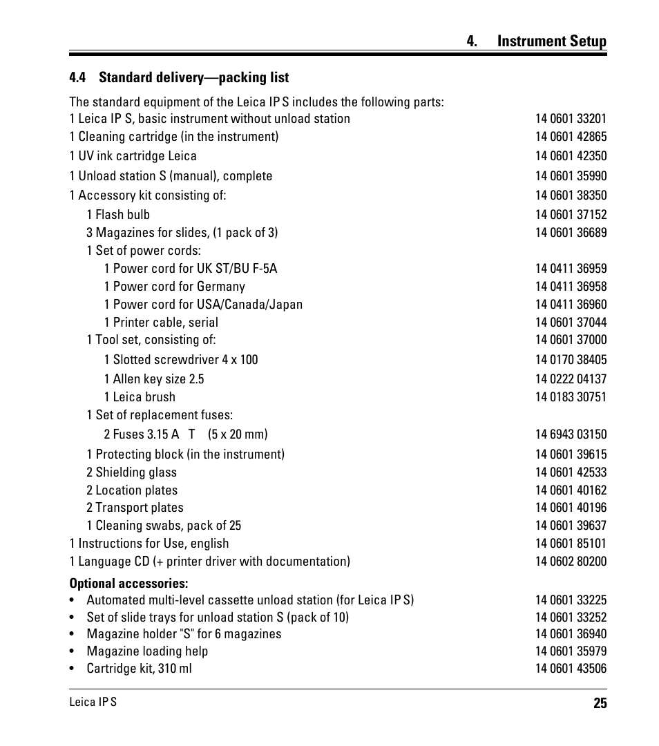 4 standard delivery—packing list, Standard delivery—packing list, Instrument setup | Leica Biosystems IPS User Manual | Page 27 / 70