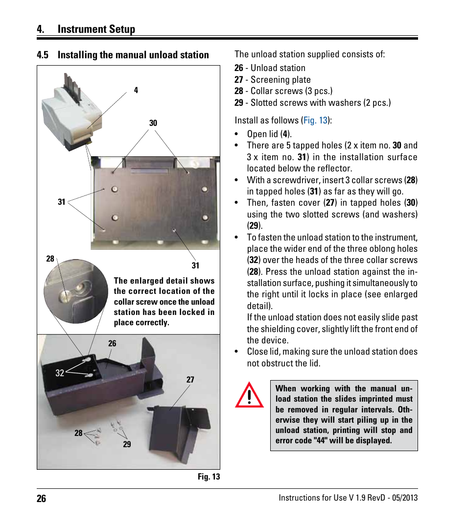 5 installing the manual unload station, Installing the manual unload station, Instrument setup | Leica Biosystems IPS User Manual | Page 28 / 70