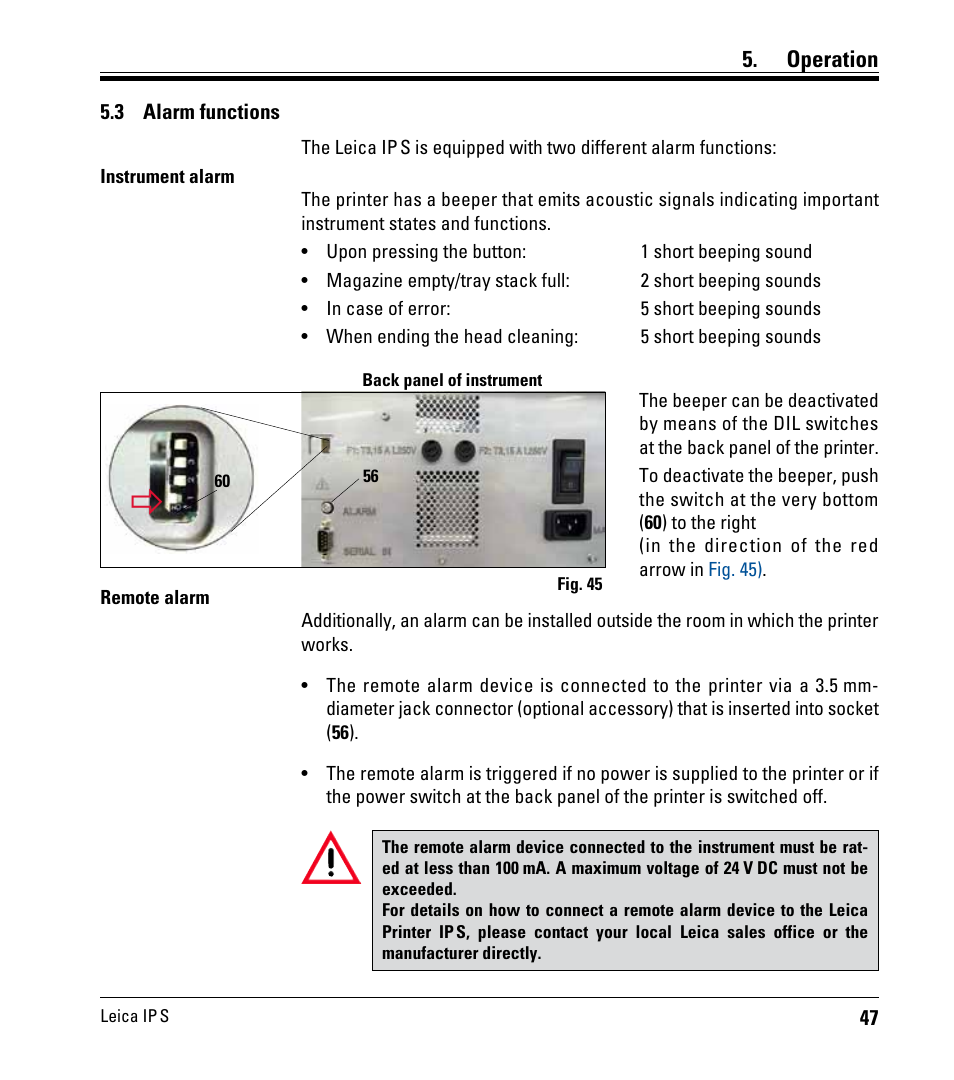 3 alarm functions, Alarm functions, Operation | Leica Biosystems IPS User Manual | Page 49 / 70