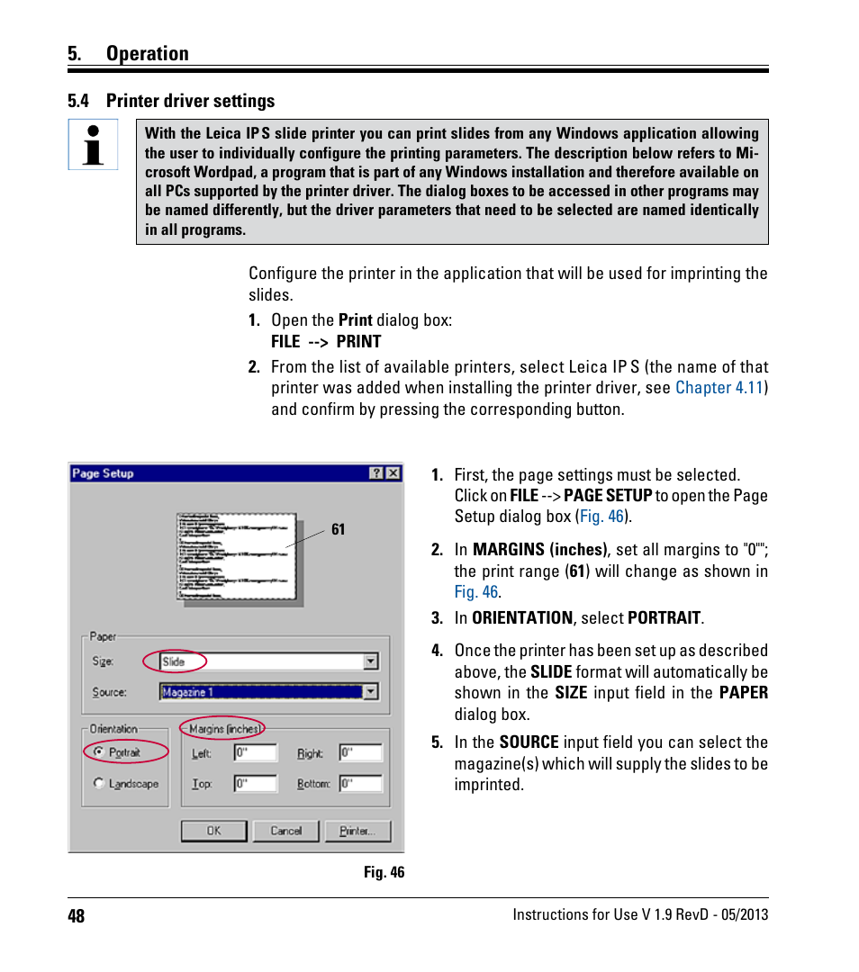 4 printer driver settings, Printer driver settings, Operation | Leica Biosystems IPS User Manual | Page 50 / 70