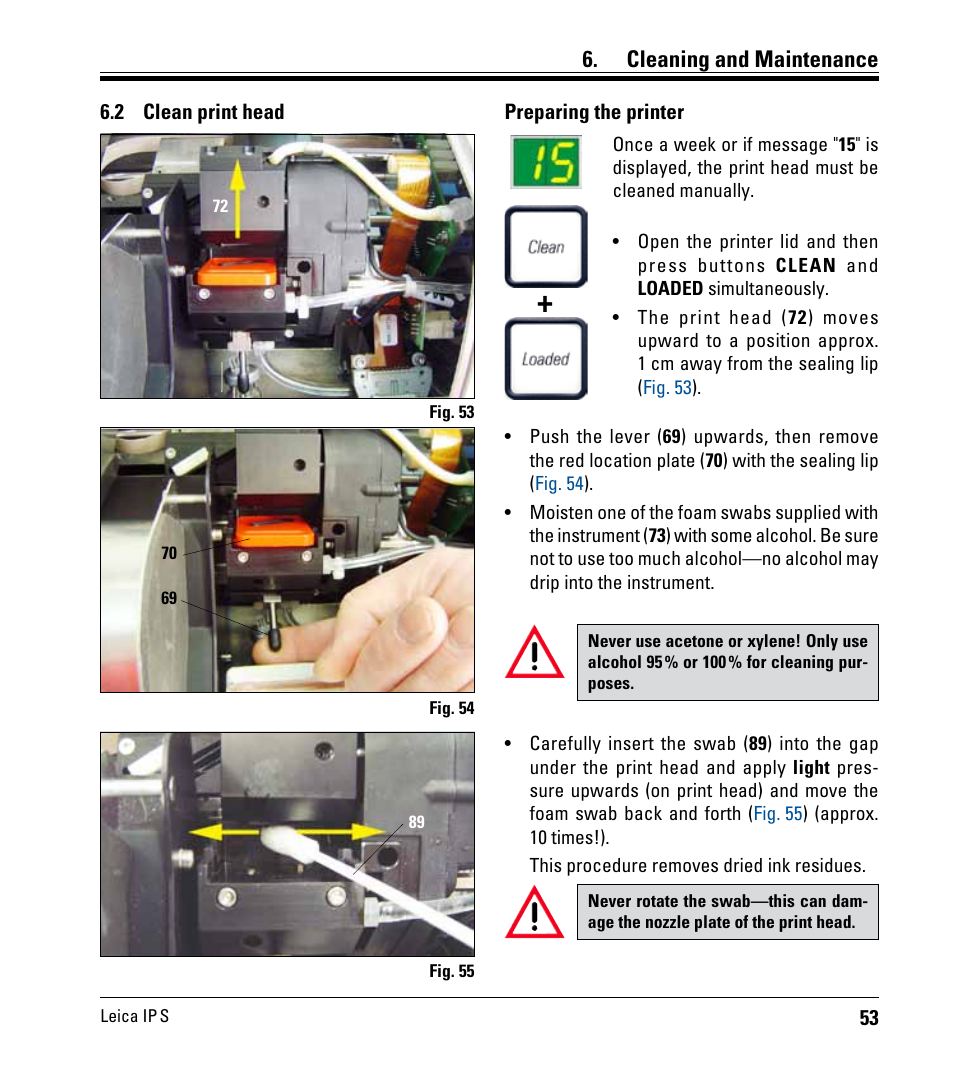 2 clean print head, Clean print head, Cleaning and maintenance | Leica Biosystems IPS User Manual | Page 55 / 70