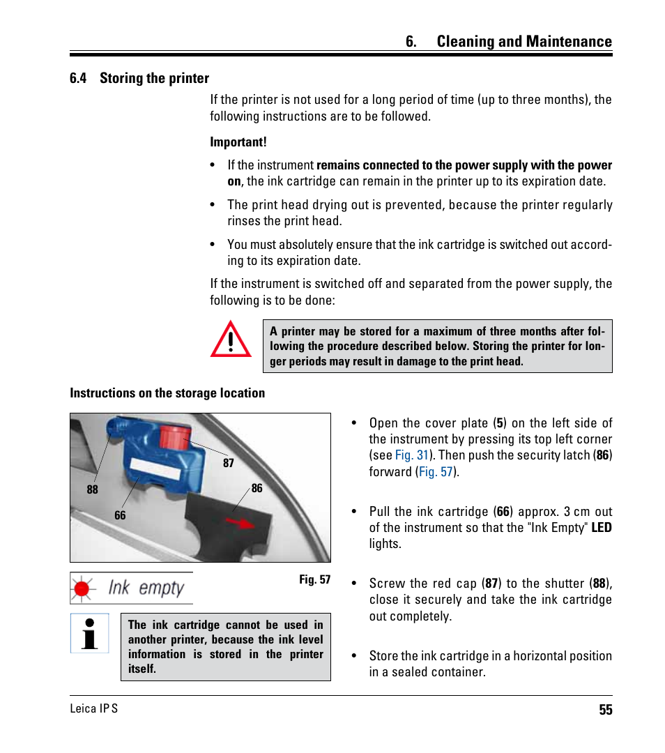 4 storing the printer, Storing the printer, Cleaning and maintenance | Leica Biosystems IPS User Manual | Page 57 / 70