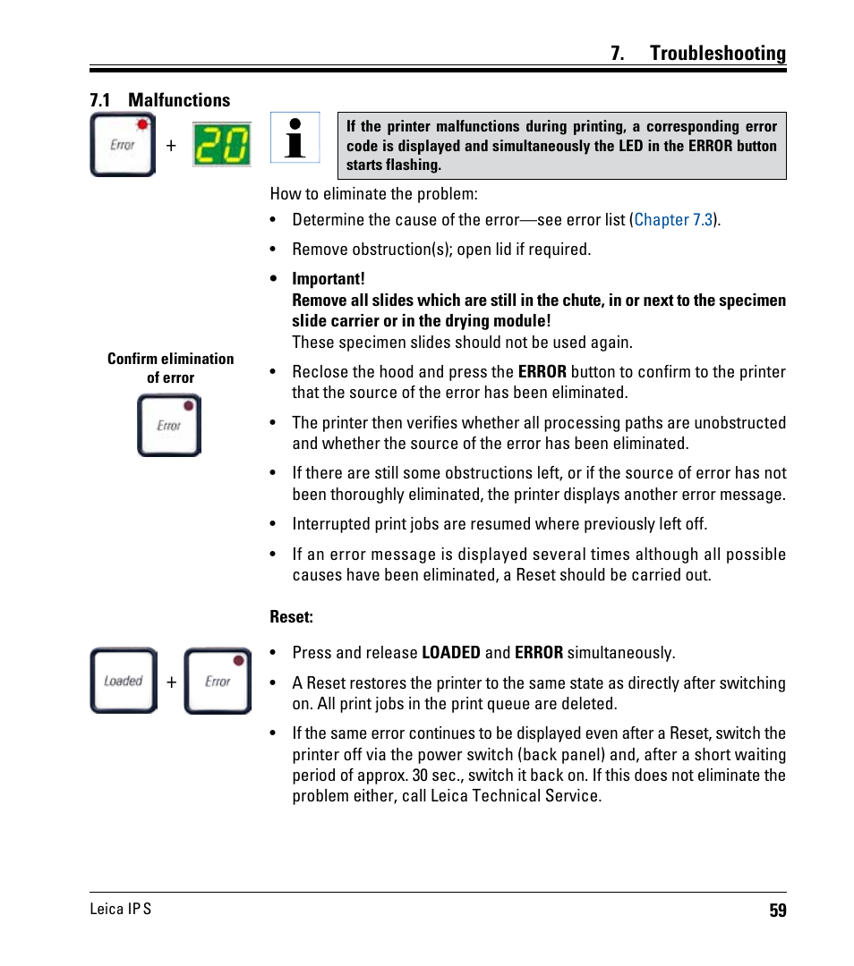 Troubleshooting, 1 malfunctions | Leica Biosystems IPS User Manual | Page 61 / 70