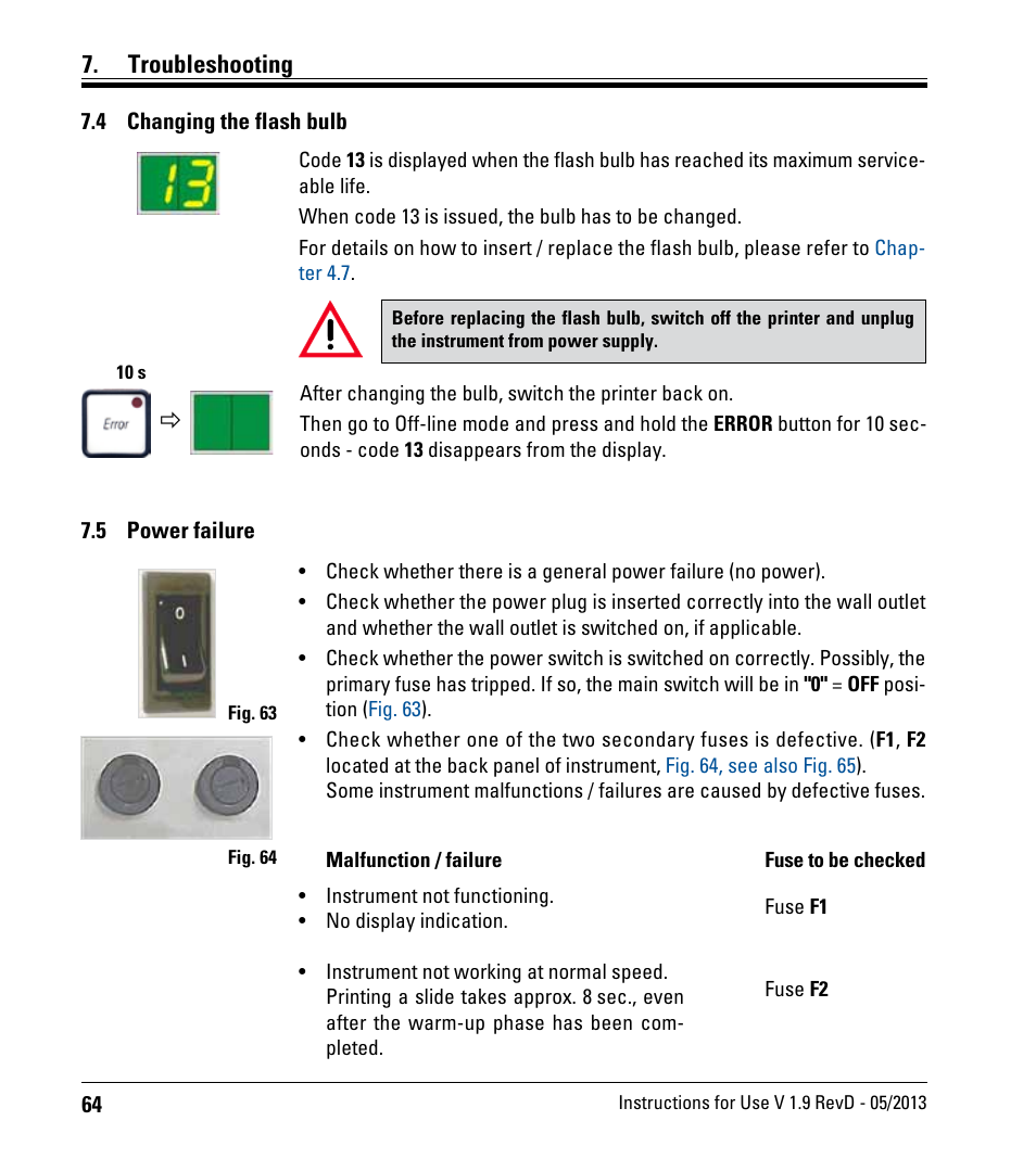 4 changing the flash bulb, 5 power failure, Changing the flash bulb | Power failure, Troubleshooting | Leica Biosystems IPS User Manual | Page 66 / 70