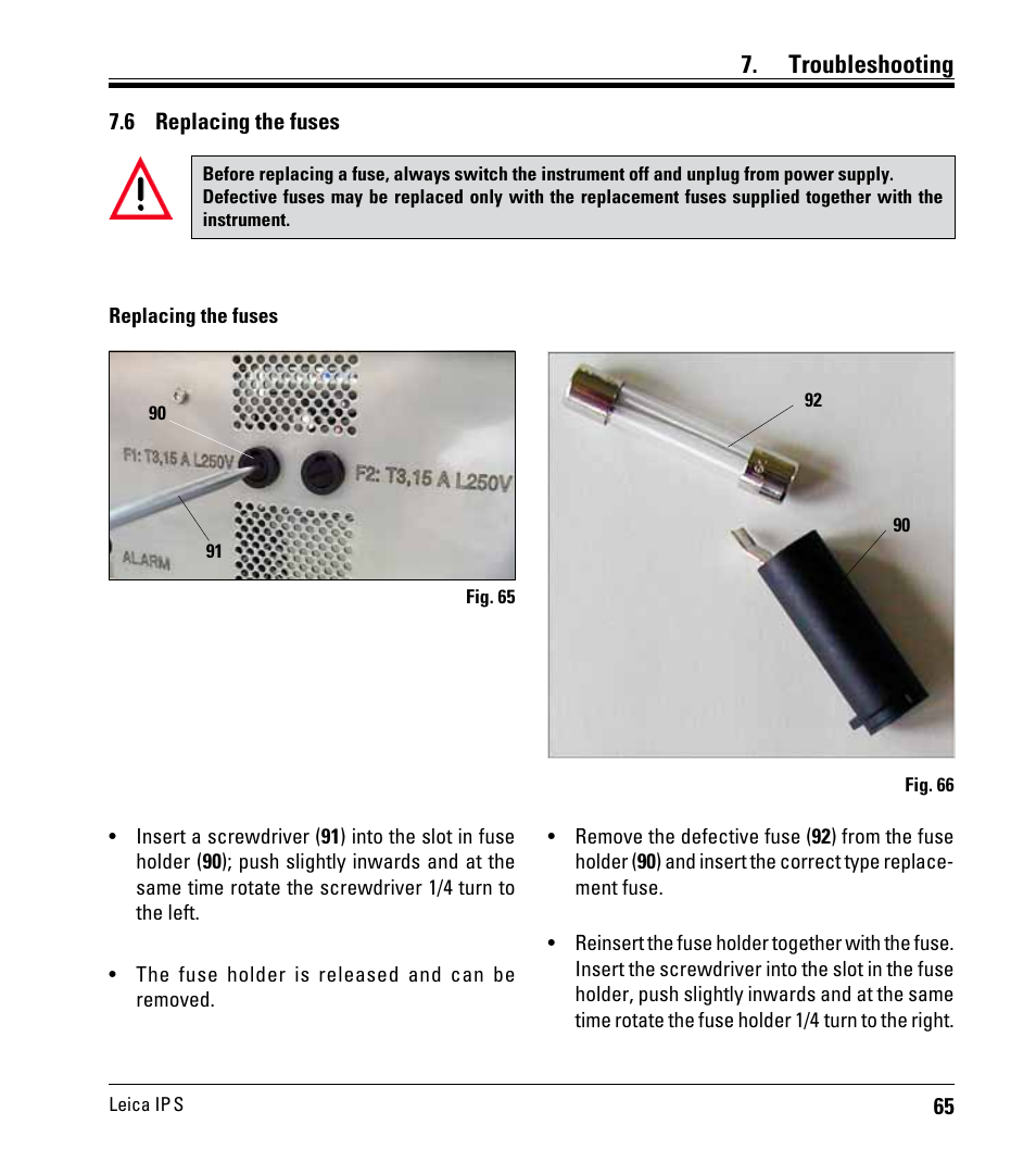 6 replacing the fuses, Replacing the fuses, Troubleshooting | Leica Biosystems IPS User Manual | Page 67 / 70
