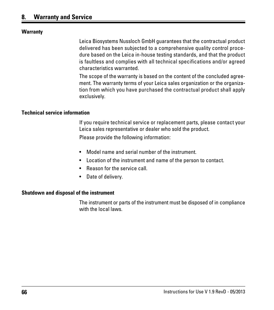 Warranty and service | Leica Biosystems IPS User Manual | Page 68 / 70