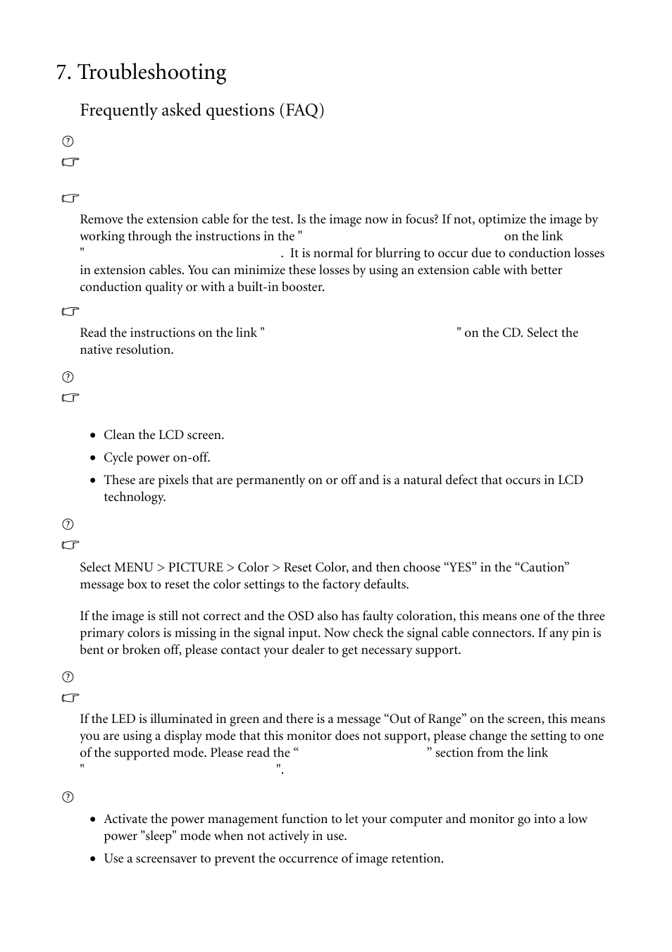 Troubleshooting, Frequently asked questions (faq) | BenQ G2000WA User Manual | Page 30 / 31