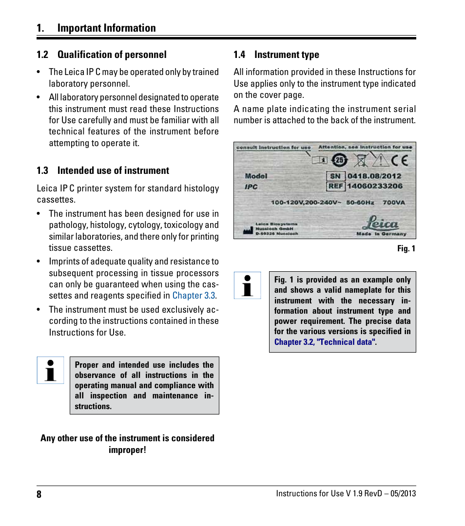 2 qualification of personnel, 3 intended use of instrument, 4 instrument type | Qualification of personnel, Intended use of instrument, Instrument type, Important information | Leica Biosystems IPC User Manual | Page 10 / 72