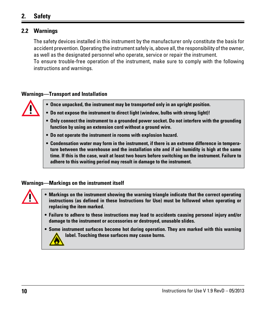 2 warnings, Safety | Leica Biosystems IPC User Manual | Page 12 / 72