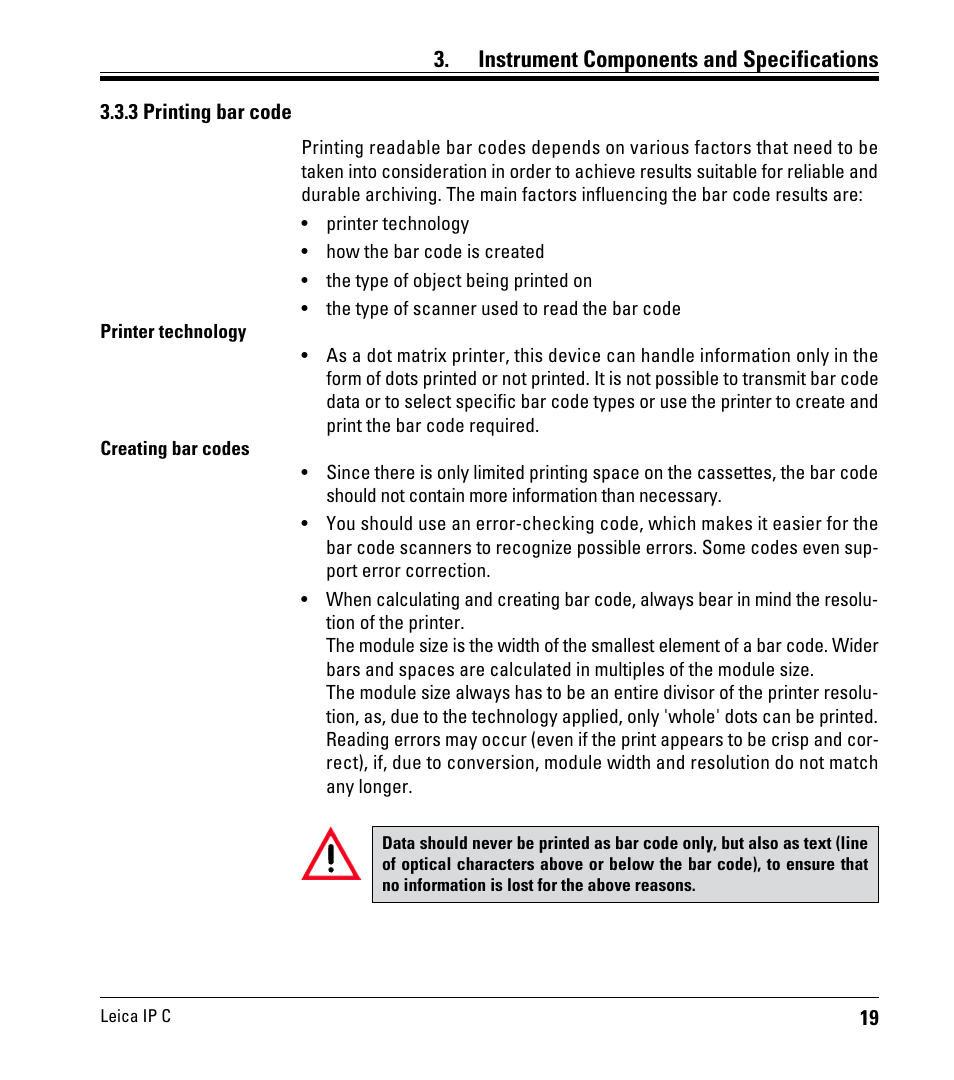 3 printing bar code, Instrument components and specifications | Leica Biosystems IPC User Manual | Page 21 / 72