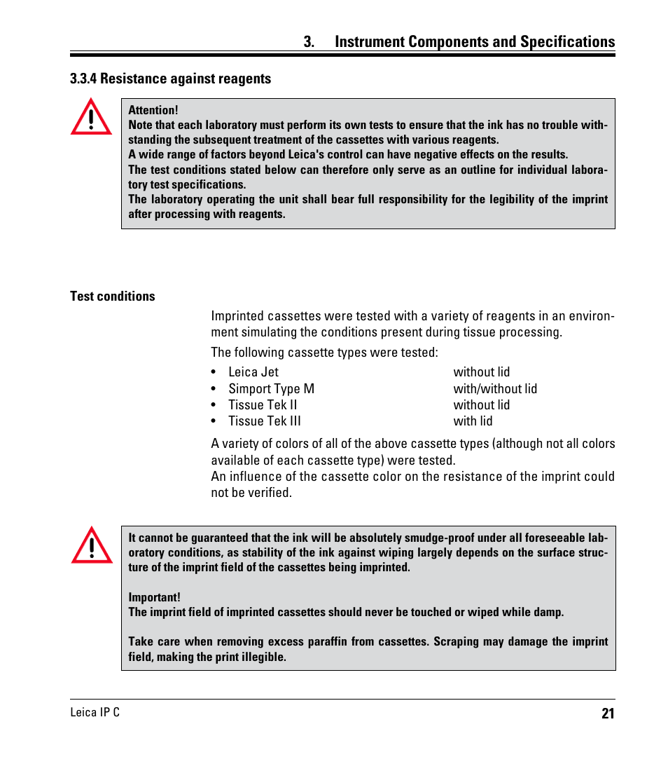 4 resistance against reagents, Instrument components and specifications | Leica Biosystems IPC User Manual | Page 23 / 72