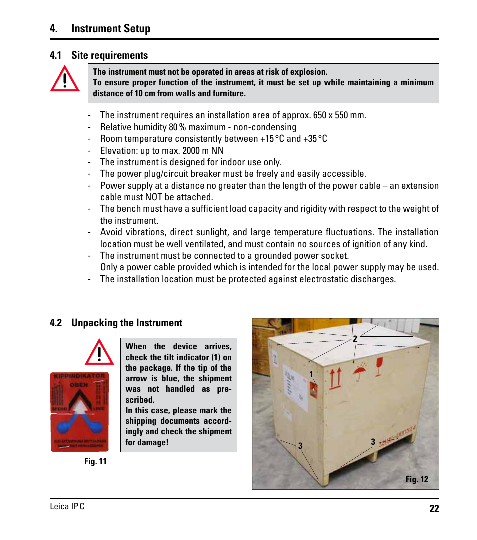 Instrument setup, 1 site requirements, 2 unpacking the instrument | Site requirements, Unpacking the instrument | Leica Biosystems IPC User Manual | Page 24 / 72