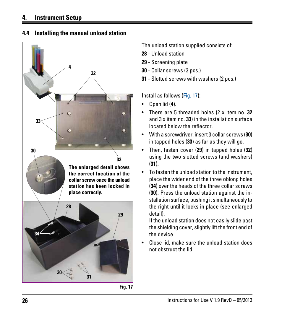 4 installing the manual unload station, Installing the manual unload station, Instrument setup | Leica Biosystems IPC User Manual | Page 28 / 72