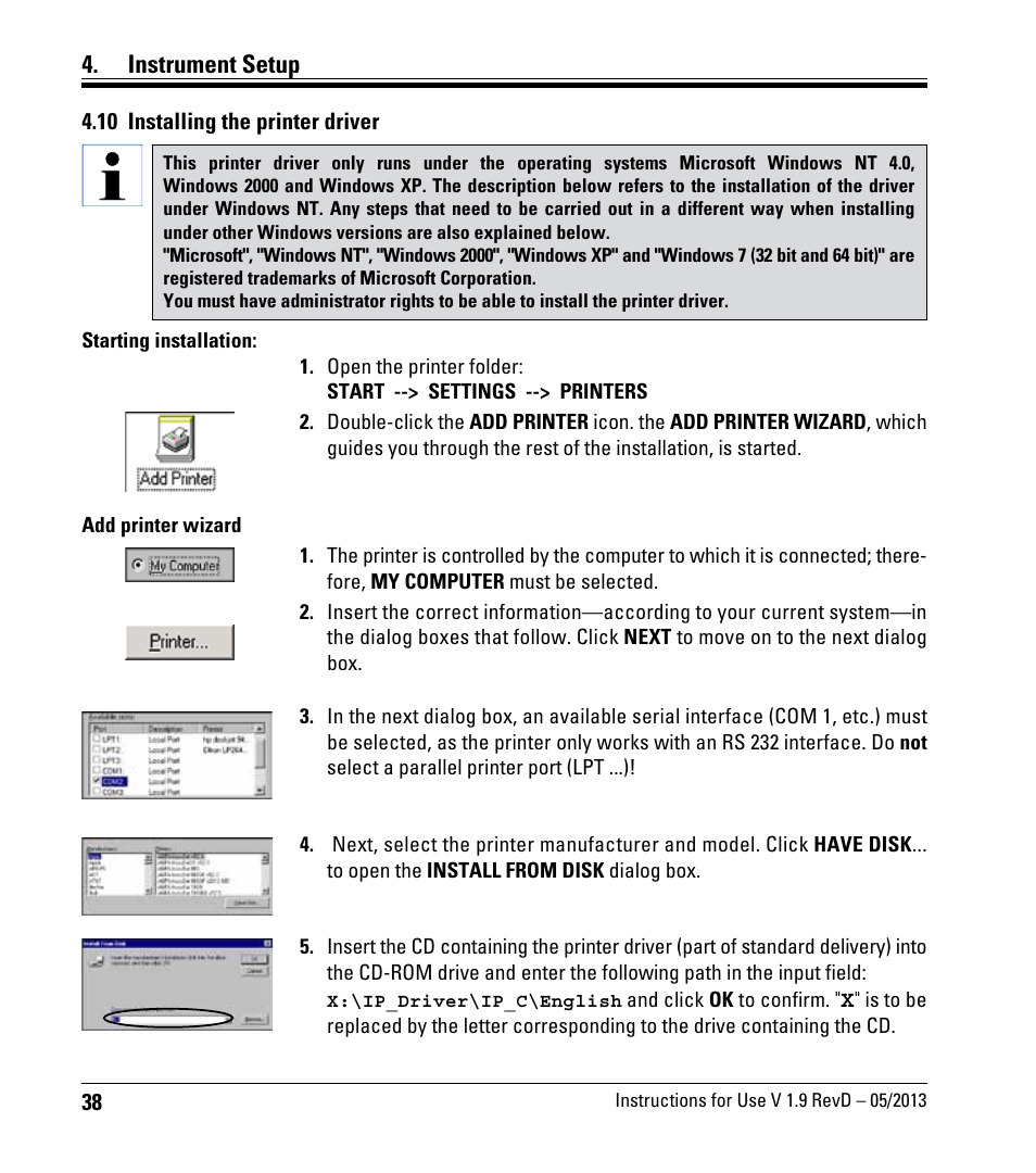 10 installing the printer driver, Instrument setup | Leica Biosystems IPC User Manual | Page 40 / 72