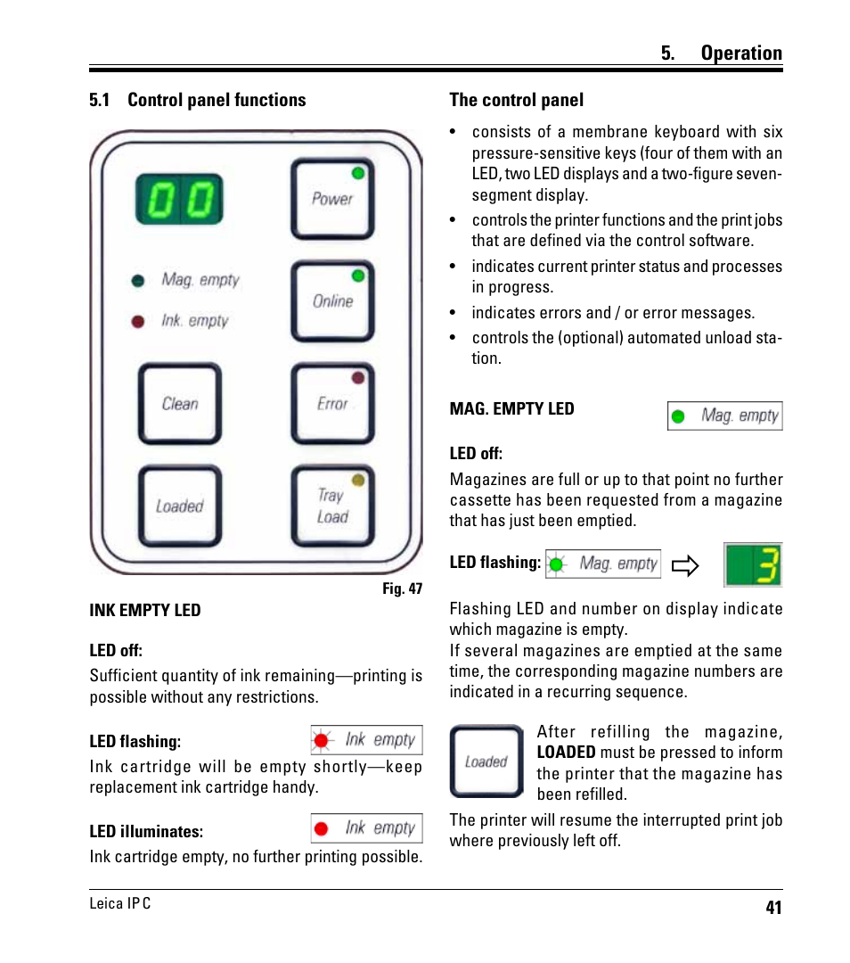 Operation, 1 control panel functions, Control panel functions | Leica Biosystems IPC User Manual | Page 43 / 72