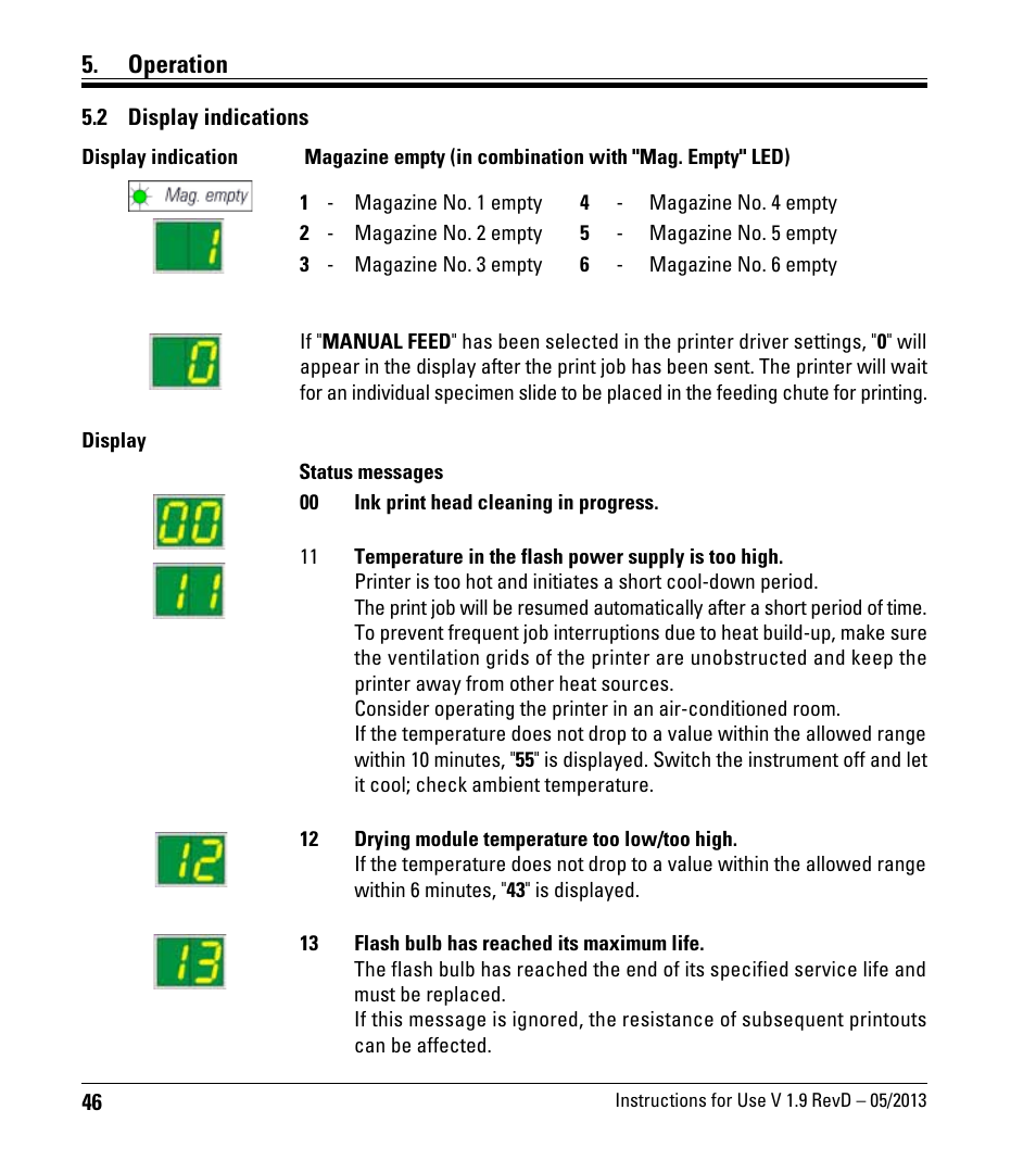 2 display indications, Display indications, Operation | Leica Biosystems IPC User Manual | Page 48 / 72