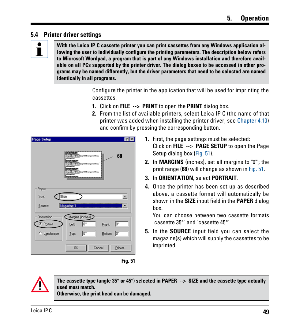 4 printer driver settings, Printer driver settings, Operation | Leica Biosystems IPC User Manual | Page 51 / 72