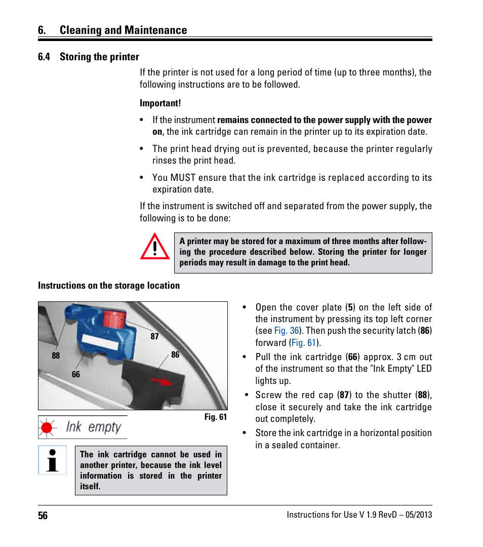 4 storing the printer, Storing the printer, Cleaning and maintenance | Leica Biosystems IPC User Manual | Page 58 / 72