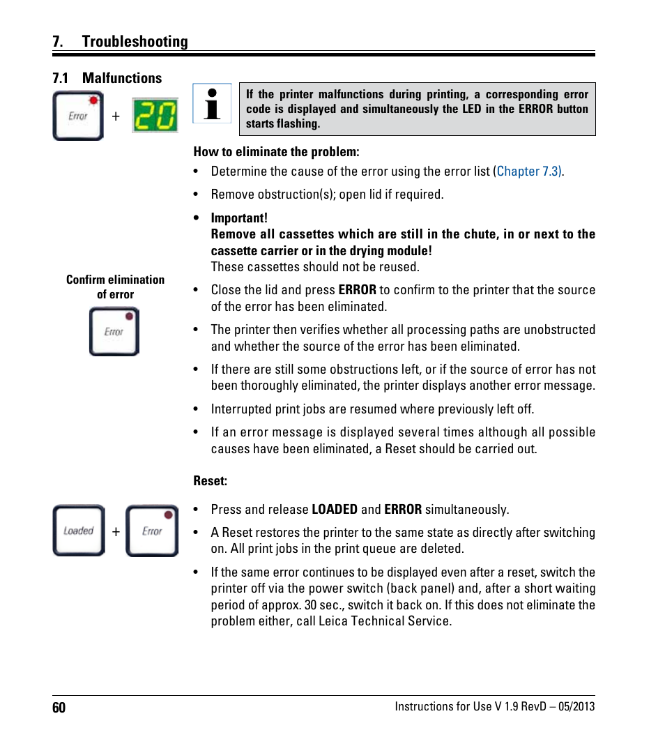 Troubleshooting, 1 malfunctions | Leica Biosystems IPC User Manual | Page 62 / 72