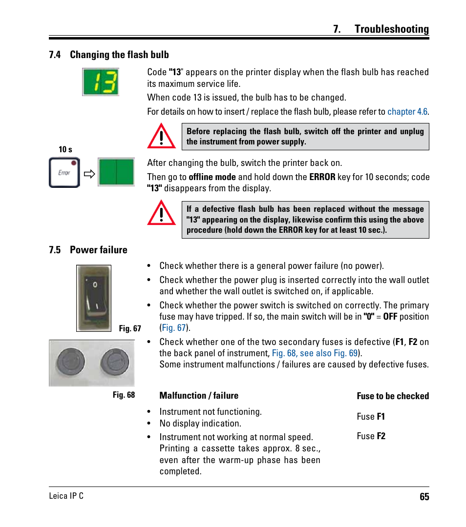 4 changing the flash bulb, 5 power failure, Changing the flash bulb | Power failure, Troubleshooting | Leica Biosystems IPC User Manual | Page 67 / 72