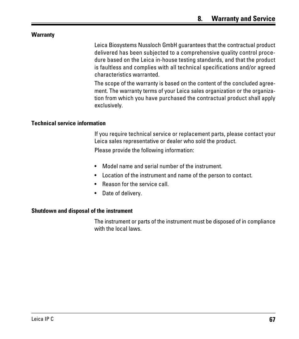 Warranty and service | Leica Biosystems IPC User Manual | Page 69 / 72