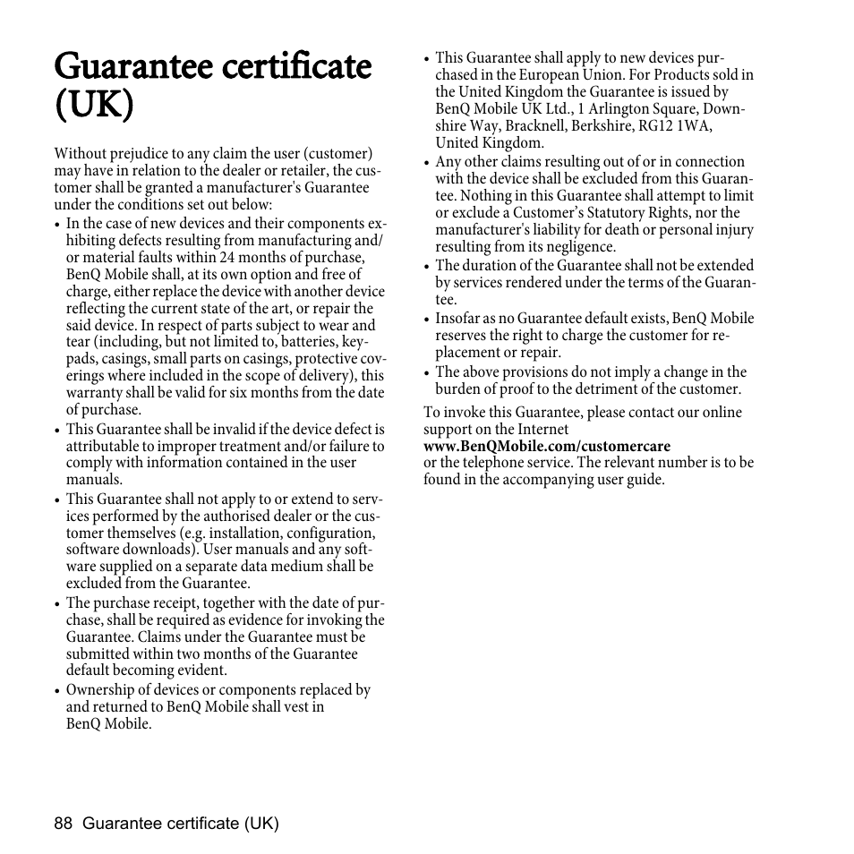 Guarantee certificate (uk) | BenQ P51 User Manual | Page 100 / 104